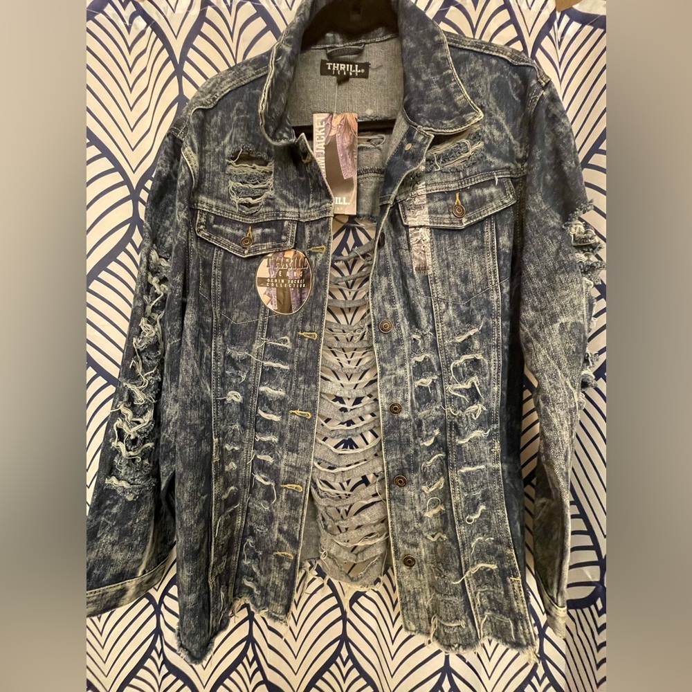 Denim Distressed Jacket ..Size 1X…Medium Wash